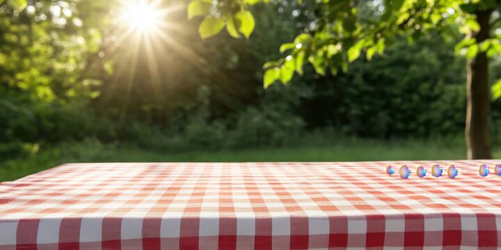 A picturesque outdoor setting with a sunlit table covered in a classic red checkered cloth creates a warm, inviting atmosphere for gatherings and picnics.