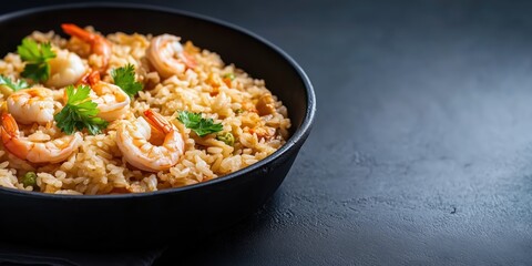 A vibrant bowl of shrimp fried rice, beautifully garnished with fresh herbs, showcasing the perfect blend of flavors and textures in a delightful culinary presentation.