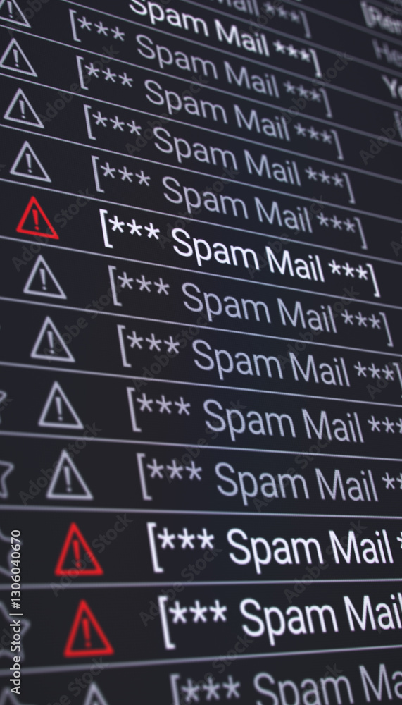 Poster vertical illustration of a list in the internet browser with detected spam emails - close-up.