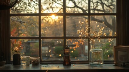 Naklejka premium Warm Sunlight Streaming Through Window with Nature View and Decor