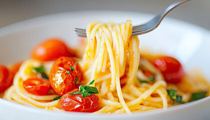 A delicious plate of spaghetti topped with cherry tomatoes and fresh herbs, elegantly twirled on a fork, showcasing a vibrant and appetizing meal.