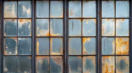 Weathered Windowpanes with Rust and Grime in Urban Setting