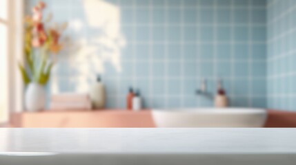 product display image of a light white table top,  slightly blurred, bathroom with light gray tile backsplash