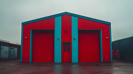 Fototapeta premium Red & blue industrial building, overcast day