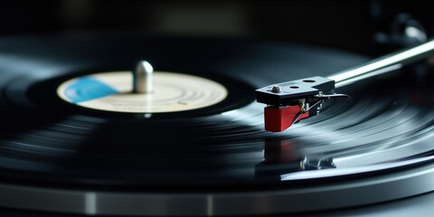 A close-up view of a vinyl record spinning on a turntable, celebrating nostalgia and the rich sound experience that only analog music can provide.