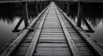 Obraz premium Monochrome Bridge Extending to Calm Waters. AI Generated