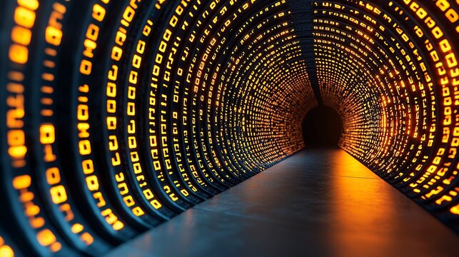 Glowing Orange Numbers in a Dark Digital Tunnel
