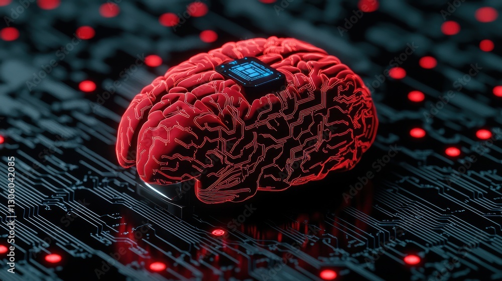 Poster a digital brain visualization in vibrant red, set against a dark, circuit-like background with glowi
