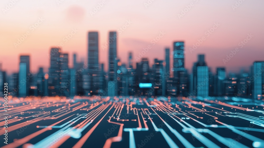 Poster a futuristic cityscape with circuit-like patterns in the foreground, symbolizing technology and urba