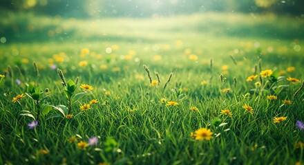 Fototapeta premium Golden hour illuminates vibrant wildflowers peacefully blooming in lush green meadow. AI Generated