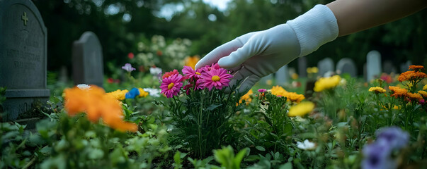 Gloved hand tending flowers, cemetery, remembrance