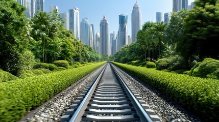 Train Tracks Leading to a Modern City Skyline Amidst Lush Greenery