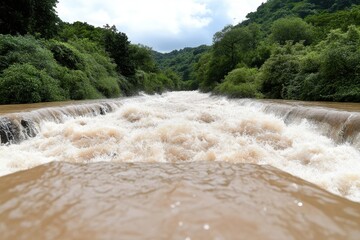 Turbulent Brown Water Cascading Over Rocks in Lush Green Tropical Landscape