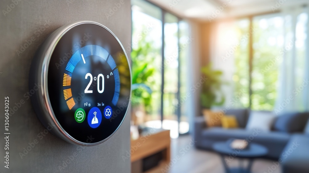 Poster Smart thermostat with a digital display showing temperature control settings.