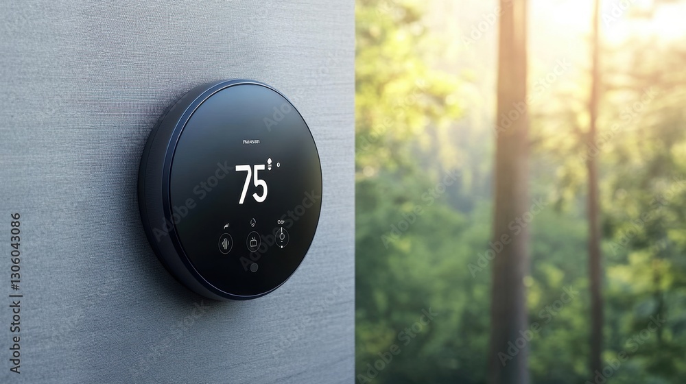 Aufkleber smart thermostat with a touchscreen interface and voice assistant integration.