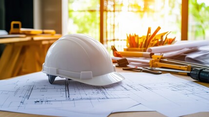 Construction planning scene office desk hard hat bright workspace close-up professional environment