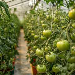 Green tomatoes growing in a greenhouse with healthy plants and vines in an organic farm during summer