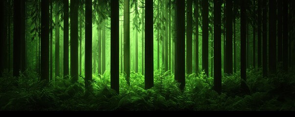 Fototapeta premium A serene green forest filled with tall trees, bathed in soft light, creating a tranquil and enchanting atmosphere.