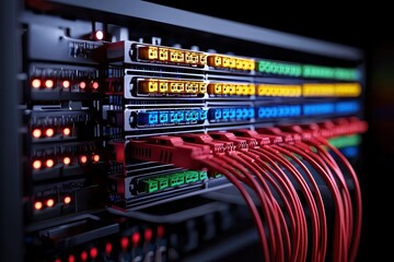 Naklejka premium Close Up of Illuminated Server Rack with Red Cables and Glowing Lights in Dark Setting