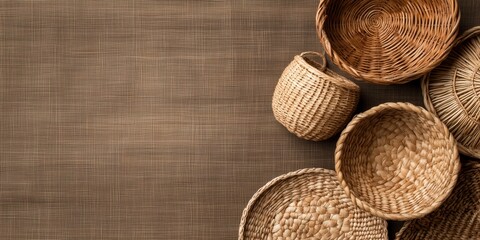 A collection of beautifully arranged handcrafted baskets made from natural fibers, showcasing intricate designs against a textured, subtle background that emphasizes their charm.