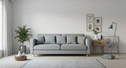 Serene Gray Sofa Minimalist Living Room Design. AI Generated