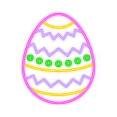 A glowing neon illustration of a decorated Easter egg featuring bright pink, purple, green, and yellow patterns, symbolizing festive celebrations