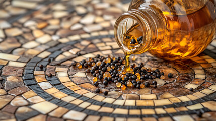 Spikenard Oil Cascade: Fragrant Drops from Alabaster Jar on Vibrant Mosaic Floor