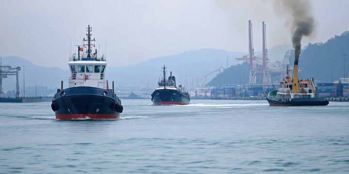 A fleet of tugboats maneuvers through a busy harbor, highlighting maritime industry activities and the intricate operations of shipping traffic on a foggy day.