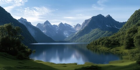This breathtaking image showcases majestic mountains reflected in a calm lake, surrounded by lush greenery, creating a serene and tranquil atmosphere.
