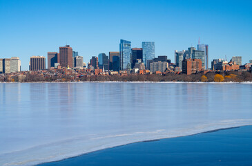 Naklejka premium landscape of Boston cityscape skyline and frozen Charles river