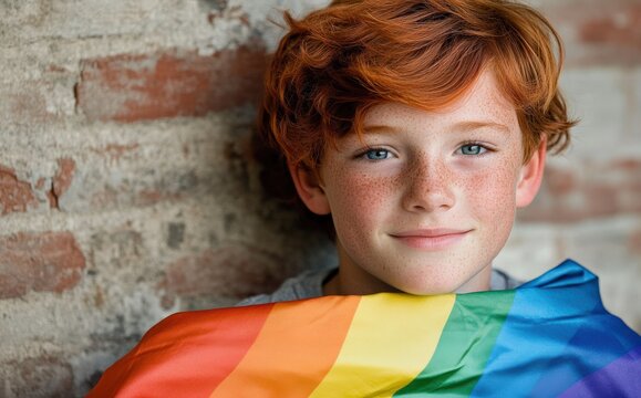 Young Caucasian Boy with Red Hair Displaying Pride Flag in Urban Setting, Celebrating LGBTQ+ Identity with Confidence and Joy - Powered by Adobe