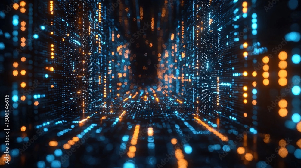 Poster data stream flows in abstract digital tunnel with bright orange and blue lights
