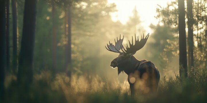 A majestic moose stands silhouetted against the misty backdrop of a serene forest, encapsulating the essence of wildlife in its natural habitat at dawn or dusk.