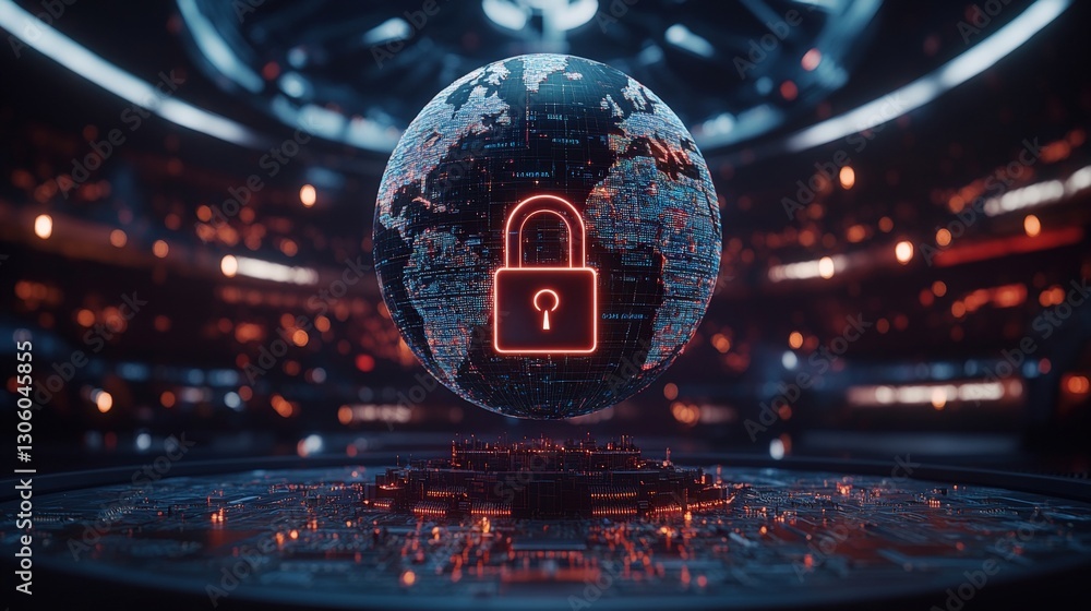 Poster a globe with a lock symbolizing global security and protection of information in an increasingly dig