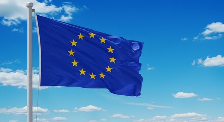 European Flag Waves Brightly Sunny Sky. AI Generated