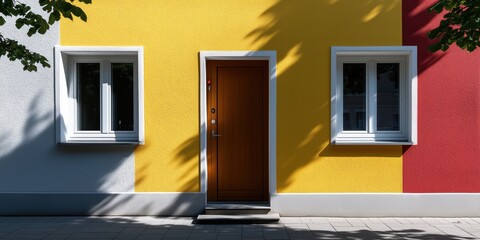 A striking wall painted in vibrant colors surrounds a wooden door and two white-framed windows, creating a lively and inviting entrance to the building.