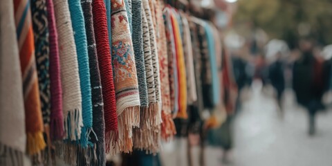 An array of beautifully woven scarves displaying vibrant patterns and colors, hanging in a bustling marketplace, presenting local artistry and cultural richness.