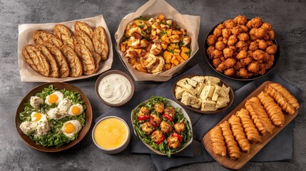 A beautiful arrangement of a variety of food items showcasing colors, textures, and culinary delights
