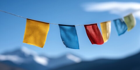Vibrant colored flags fluttering in the breeze against a clear blue sky and majestic mountains, representing hope, culture, and connection with nature's elements.