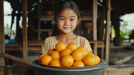 A cheerful girl holds a bowl of vibrant oranges, showcasing the freshness of fruit and the joy of childhood in a rustic setting.