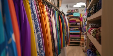 A vibrant display of colorful textiles arranged neatly, showcasing the beauty of fabric and the artistic variety in patterns, textures, and colors.