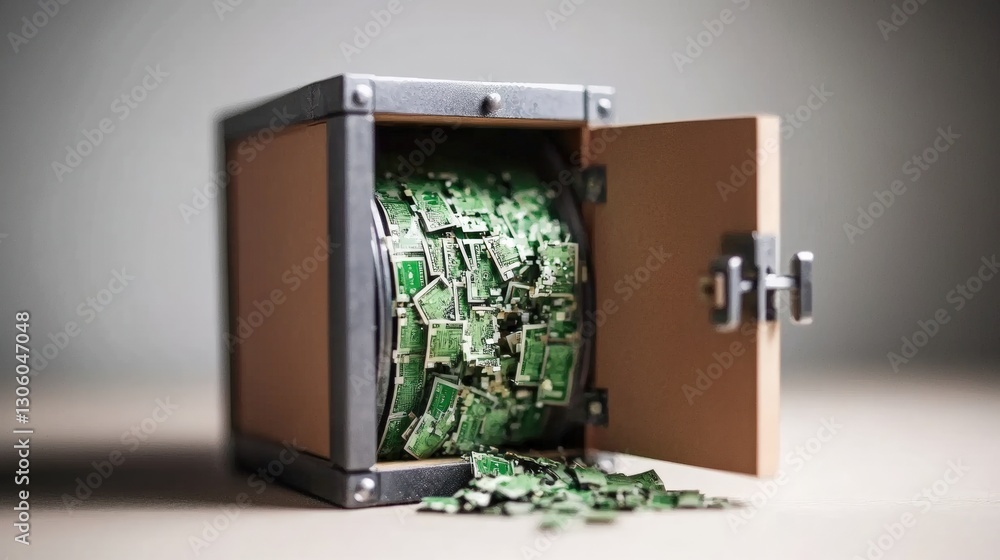 Poster close-up view of a broken circuit board with visible damage and exposed components in a technologica
