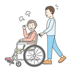 車椅子に座って怒る女性高齢者を介助する若い男性のイラスト