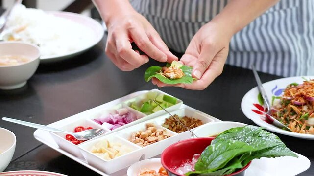 Preparing Miang Kham Savoury Leaf Wraps