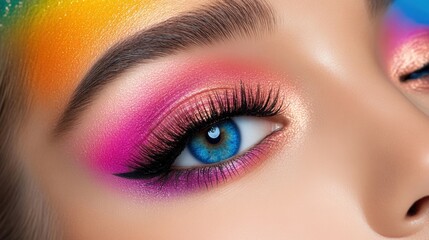 Obraz premium A striking woman with bright makeup showcasing bold colors and creative expression in beauty