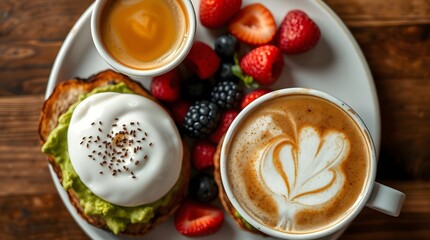 Avocado toast with soft-boiled egg, fresh berries, and latte art on a wooden table. A bright, healthy, and visually appealing breakfast scene.