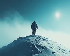 A person standing proudly on a mountain peak surrounded by breathtaking scenery and clear skies