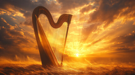 David's Harp: Golden Strings Vibrate in Sunset Over Battlefields - Serene Beauty Amidst Chaos