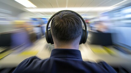 Man wearing noise-canceling headphones, focused and relaxed in a busy office environment, symbolizing the concept of noise cancellation and productivity enhancement.