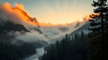Obraz premium Majestic mountains, misty valley, golden sunset hues. A river winds through the forest. Nature's beauty captured.